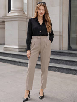 Sera - Beige Polyester Solid Trouser