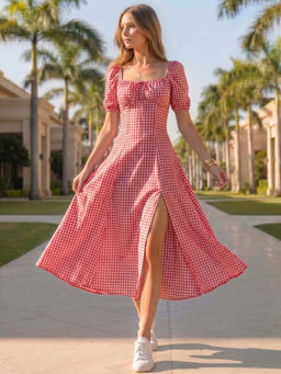 Magre - Red Checks Front Slit Midi Dress