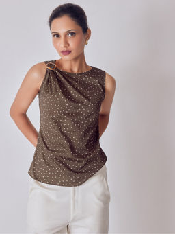 The Label Life - Brown Cocoa Polka Satin Buckled Top