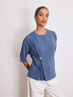 The Label Life - Azure Blue Brooch Detail Pleated Top