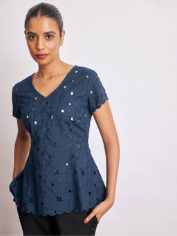 The Label Life - Navy Blue Schiffli Peplum Top
