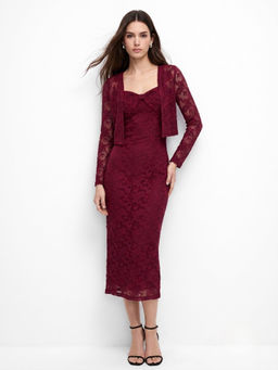 Outzidr - Maroon Strappy Lace Dress with Lace Shrug