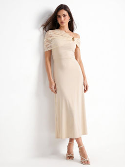 Outzidr - Beige Lace At The Off-Shoulder with Metal Trim Dress