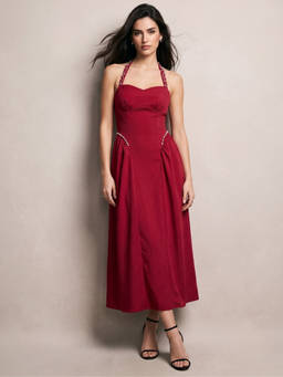 Outzidr - Red Sweetheart Halter Neckline with Drop Down Waist Dress