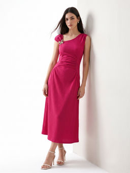 Outzidr - Pink Asymmetric Neck with Metal Trim and Cinched Waist Dress