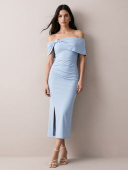 Outzidr - Blue Off-Shoulder with Bow Detail Dress