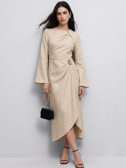Outzidr - Beige Round Neck Wrap with Metal Trim Detail Dress