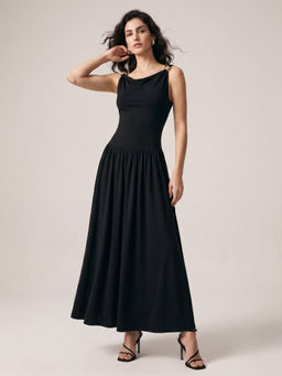 Outzidr - Black Cowl Neck with Metal Trims At Strap Dress