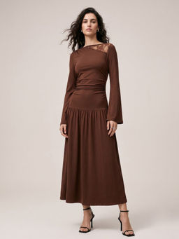 Outzidr - Brown Boat Neck with Lace Inserts At The Neck Dress