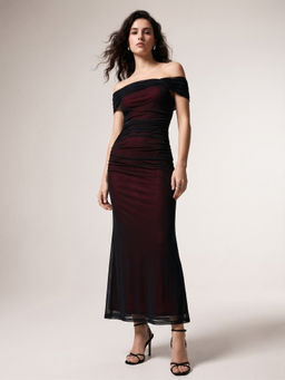 Outzidr - Burgundy One Shoulder Dual Toned Mesh Dress