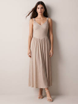Outzidr - Beige Sweetheart Neck with Pleats From Waist Down Dress