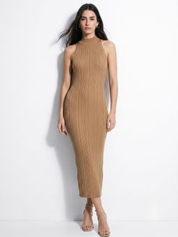 Outzidr - Brown High Neck Sleeveless Fitted Dress