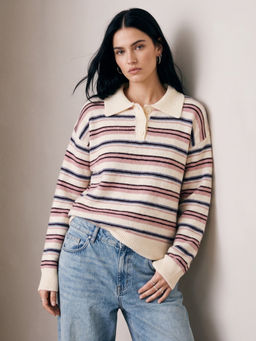 Outzidr - Beige Striped Button Down Collared Sweater