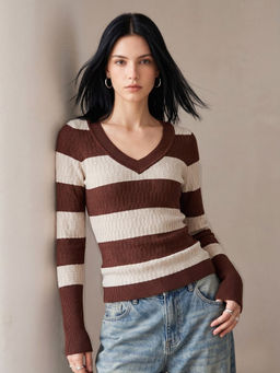 Outzidr - Multicolor V Neck Textured Bold Striped Sweater