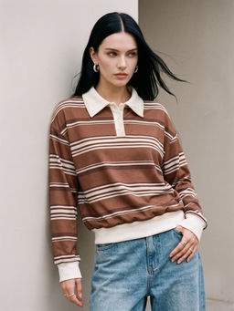 Outzidr - Brown Thick Striped Button Down Collared Sweater