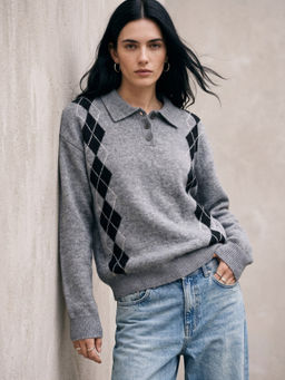 Outzidr - Grey Half Button Down Geometric Jacquard On Sides Sweater