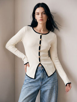 Outzidr - White Contrast Binding Button Down Cardigan