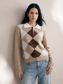 Outzidr - Beige Checkered Half Button Down Sweater