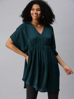 SHOWOFF - Women Teal Solid V-Neck A-Line Dress