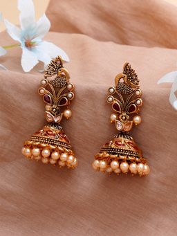 Karatcart - Gold Plated Maroon Stone Studded Peacock Shape Jhumki Earrings for Women