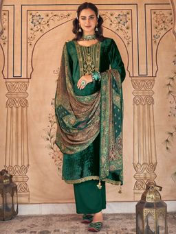 Stylee LIFESTYLE - Green Velvet Embroidered Dress Material (Set of 3)