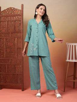 Indibelle - Cotton Slub Solid Sea Green Embrodiary Co-Ord (Set of 2)