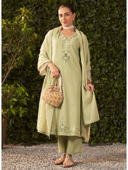 Lakshita - Green Embroidered Cotton Kurta With Pant And Dupatta For Women (Set of 3)