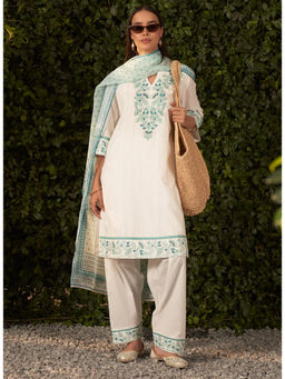 Lakshita - Green Embroidered Cotton Jacquard Kurta & Pant with Dupatta (Set of 3)