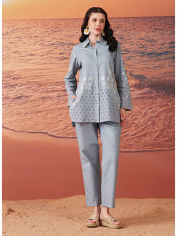 Lakshita - Light Blue Mist Embroidered Cotton Poplin Co-Ord (Set of 2)