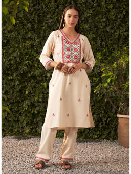 Lakshita - Ivory Embroidered Rayon Co-Ord For Women (Set of 2)