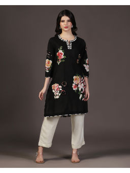 "Two Sisters" by Gyans - Black 3D Shadow Floral & Applique Work Kurti With Pant (Set of 2)