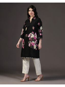"Two Sisters" by Gyans - Black 3 D Floral Applique Cotton Kurti With Pant (Set of 2)