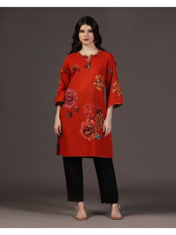 "Two Sisters" by Gyans - Ruby Rhapsody Red Applique Printed Kurti With Pant (Set of 2)