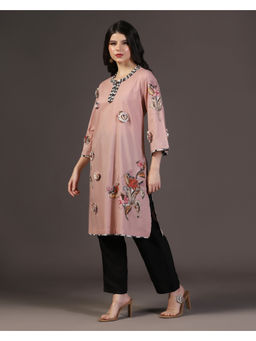 "Two Sisters" by Gyans - Rose Whisper Peach Cotton Applique Printed Kurti With Pant (Set of 2)