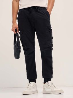 The Bear House - Men Black Solid Relaxed Fit Casual Cargo Joggers