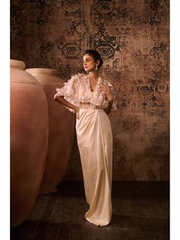 Masumi Mewawalla - Peach Embroidered Evening Gown with Cape (Set of 2)