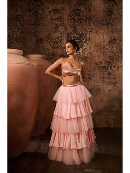Masumi Mewawalla - Pink Embellished Drape Skirt with Bustier (Set of 2)