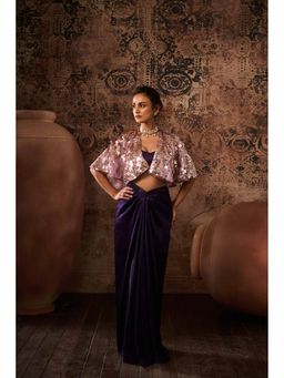 Masumi Mewawalla - Purple Embellished Blouse with Drape Skirt and Cape (Set of 3)