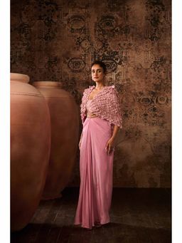 Masumi Mewawalla - Onion Pink Embellished Blouse with Drape Skirt and Cape (Set of 3)