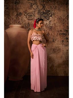 Masumi Mewawalla - Pink Embellished Drape Skirt with Bustier (Set of 2)