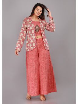 Gahan - Womens Peach Printed Crop Top with Jacket & Palazzo