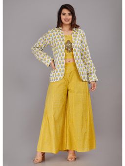 Gahan - Womens Yellow Printed Crop Top with Jacket & Palazzo