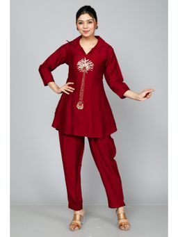 Gahan - Womens Maroon Muslin Collared Neck Co-Ord Set