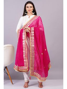 Gahan - Womens White Rayon Mandarin Neck Kurta with Pant & Pink Dupatta