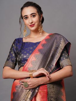 Sareemall - Pink Festive Silk Blend Woven Design Saree with Unstitched