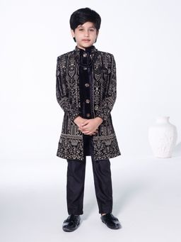 Mini Stitch - Black Embroidered Kurta with Jacket and Pant (Set of 3)