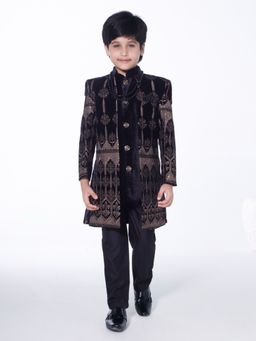 Mini Stitch - Black Embroidered Kurta with Jacket and Pant (Set of 3)