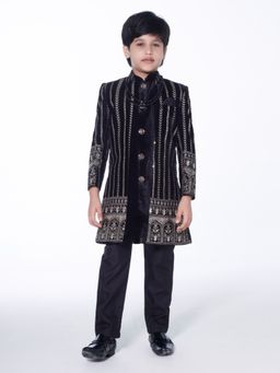 Mini Stitch - Black Embroidered Kurta with Jacket and Pant (Set of 3)