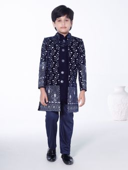 Mini Stitch - Blue Embroidered Kurta with Jacket and Pant (Set of 3)