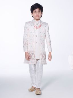 Mini Stitch - White Embroidered Kurta with Jacket and Pant (Set of 3)